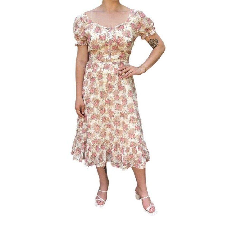 NWT Ivy City Pink Floral Rose Cottagecore Puff Sleeve Bohemian Maxi Dress Sz S